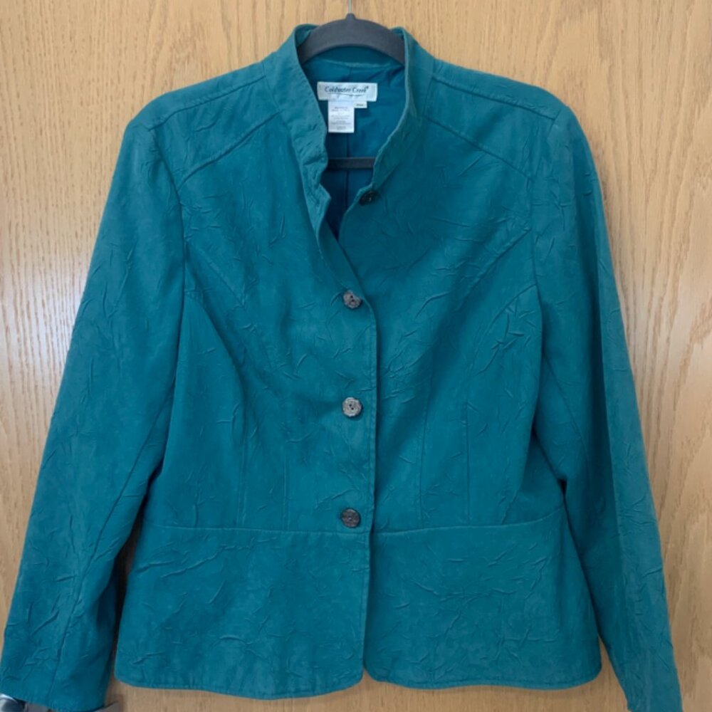 Coldwater Creek Teal Crinkle Peplum Jacket M | Textured Blazer